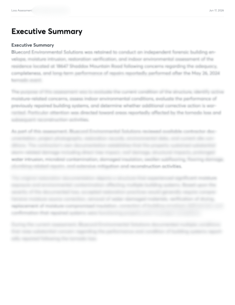 Assessment report on water damage and environmental conditions in Rogers, AR.