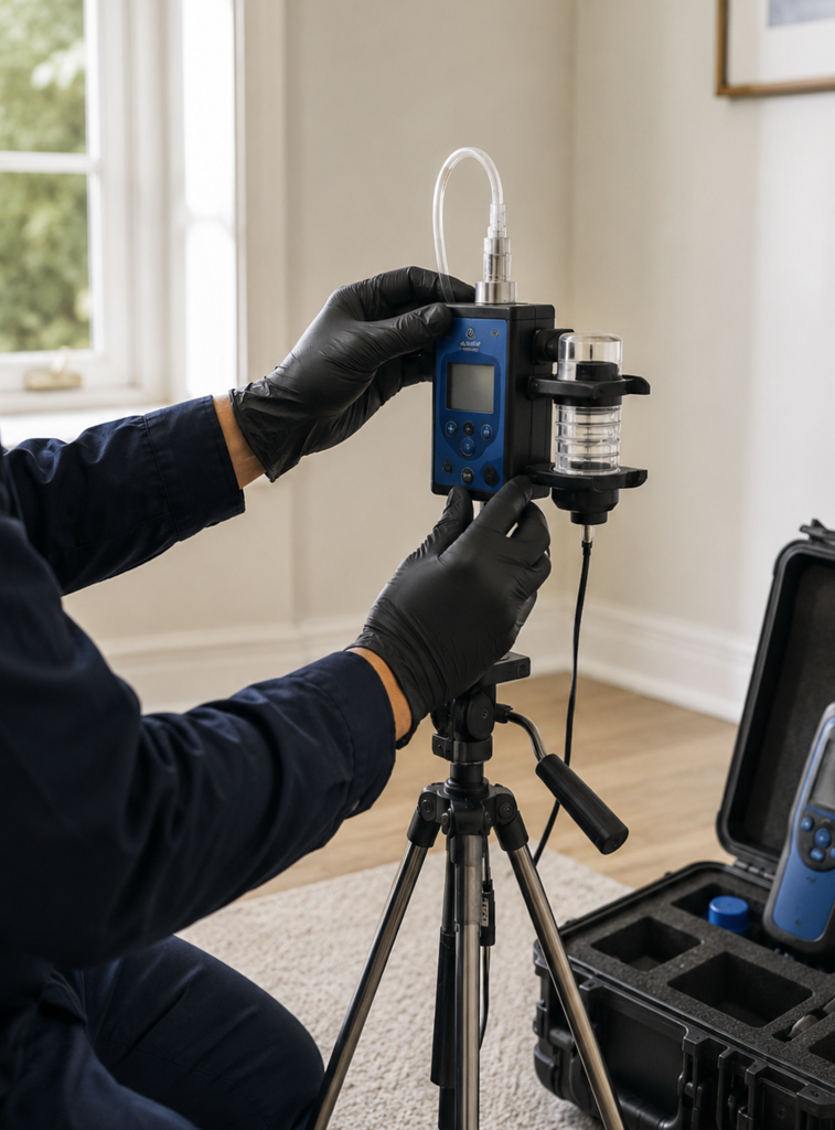 Technician preparing mold testing equipment in a bright room.