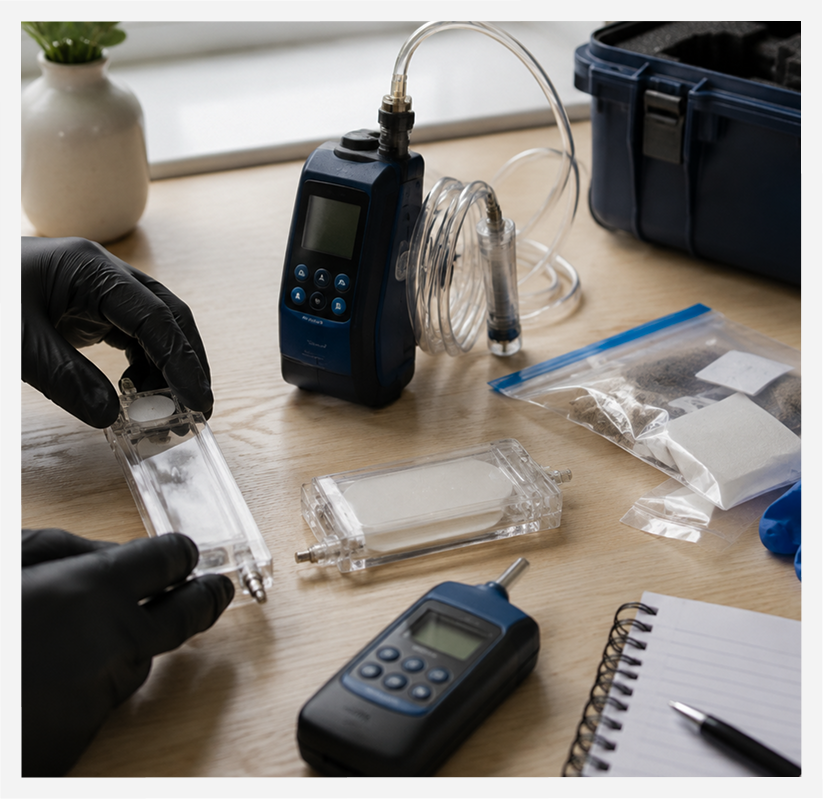 Mold testing equipment on a wooden table.