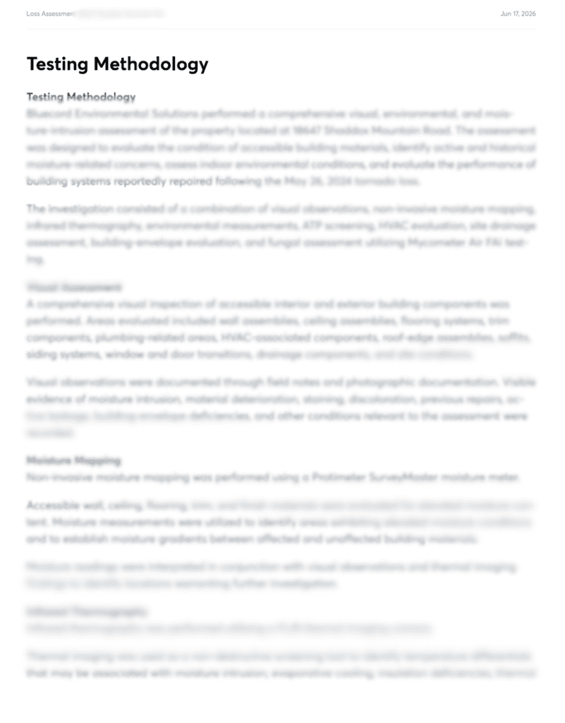 Detailed testing methodology for mold inspection and moisture mapping.
