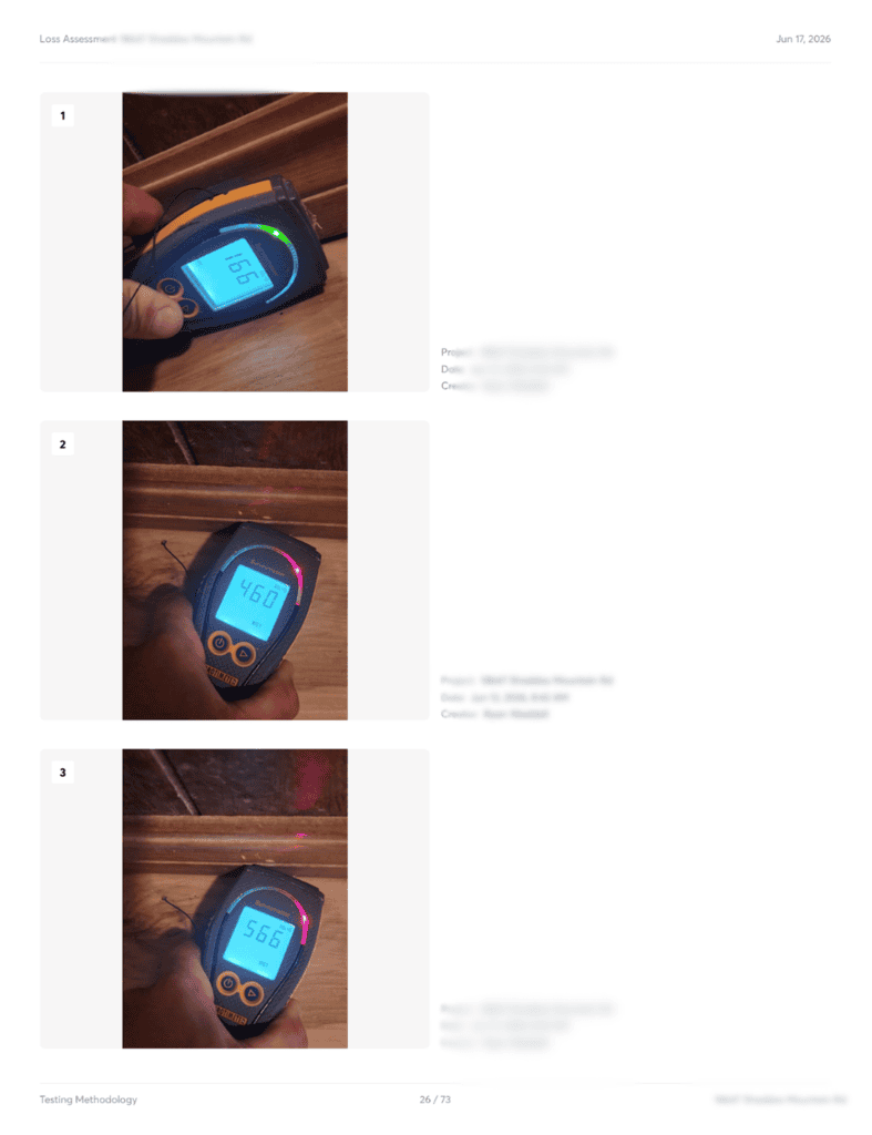 Moisture readings from a meter during a mold assessment.