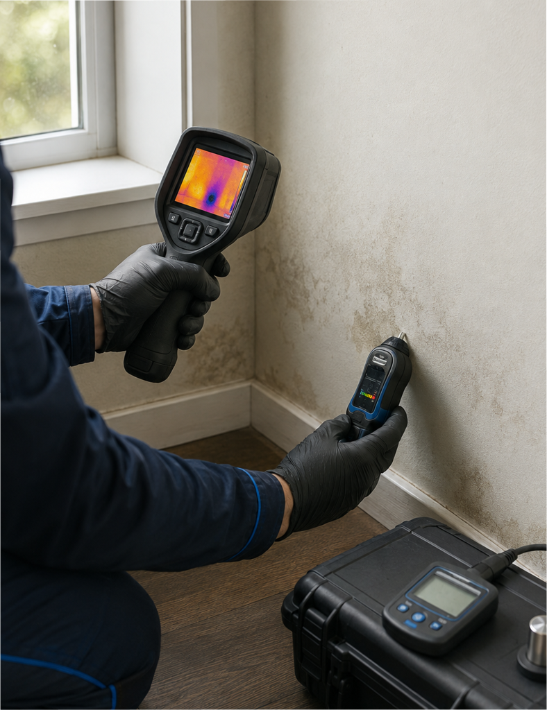 Professional mold testing equipment in a home environment.