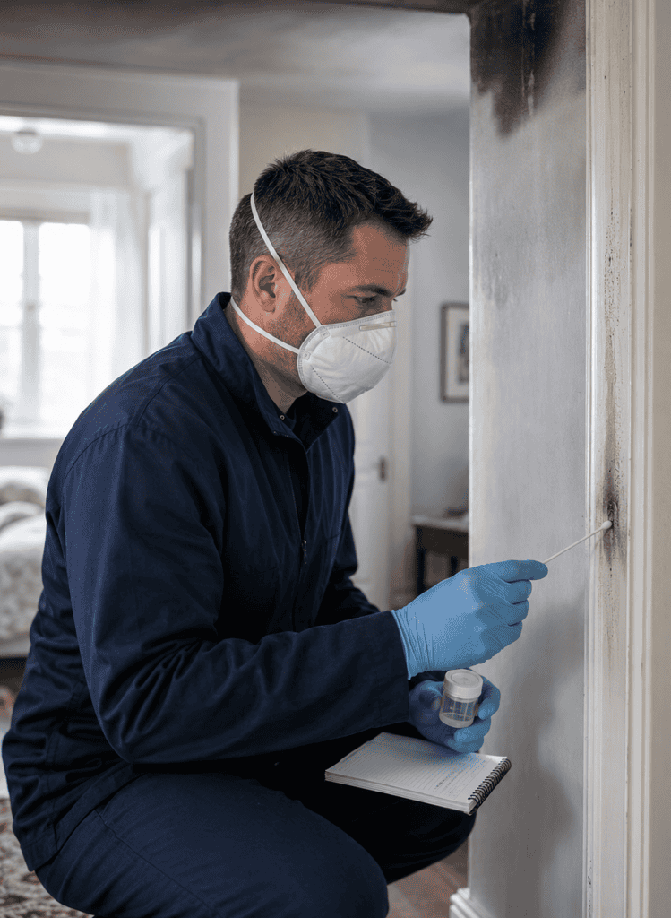 Professional inspecting mold damage on a wall in Rogers, AR.
