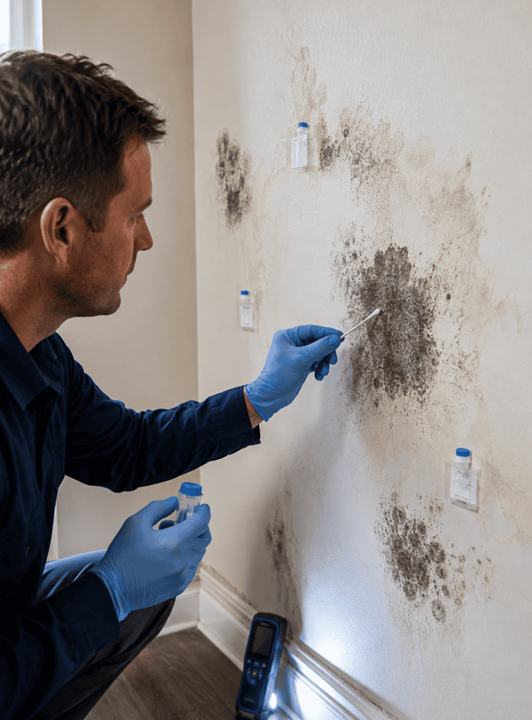 Mold inspection and testing in a residential area.
