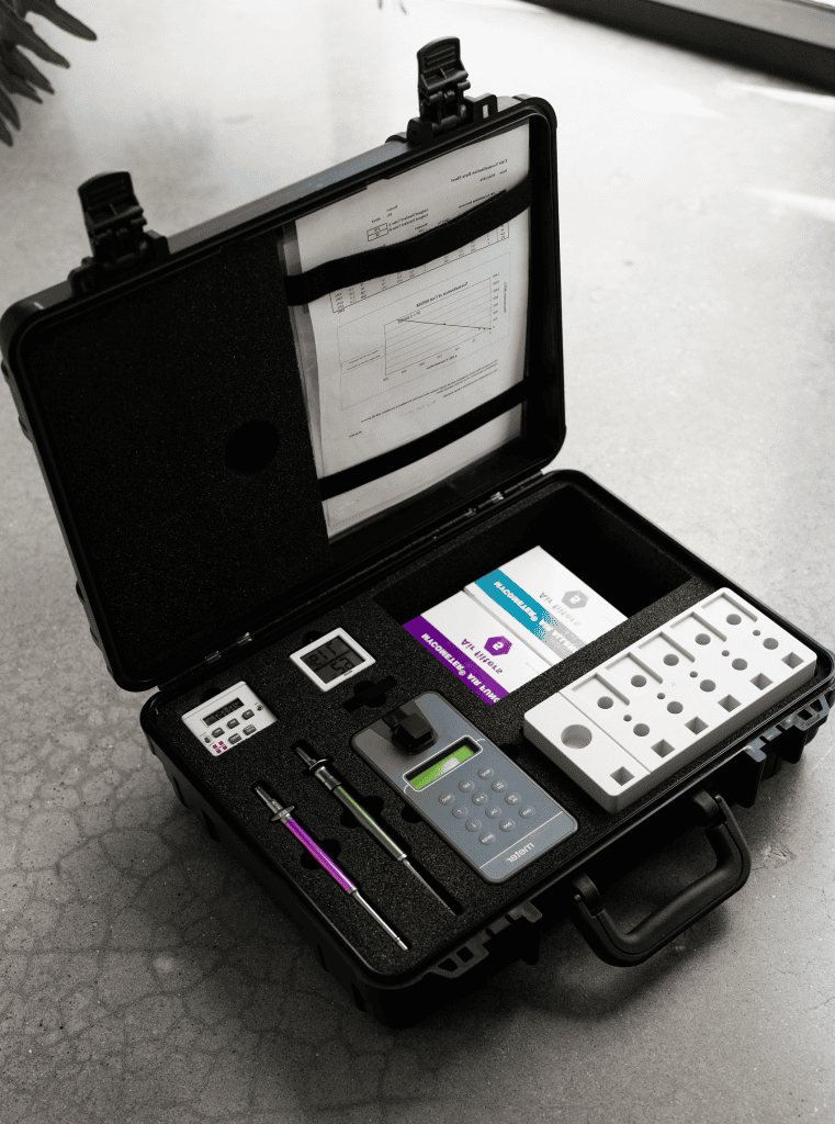 Equipment for mold testing and water damage assessment in a case.