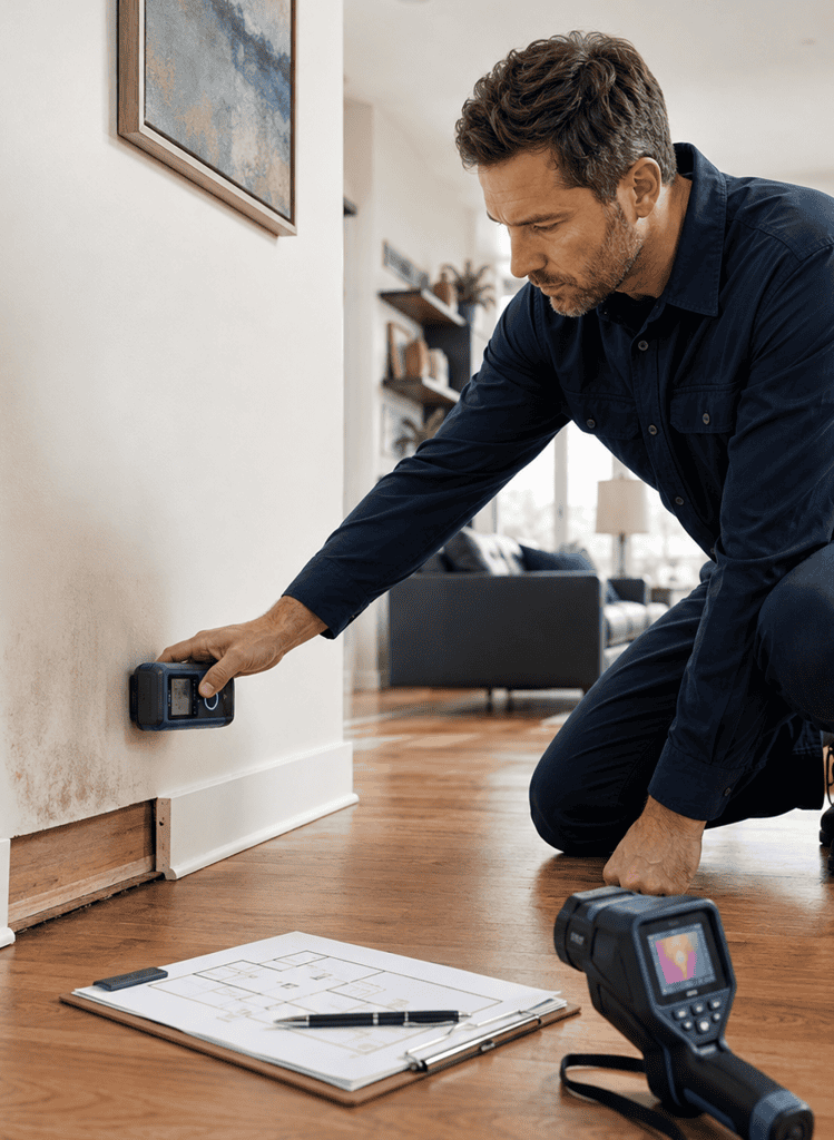 Professional checking for mold near the wall in Rogers, AR.