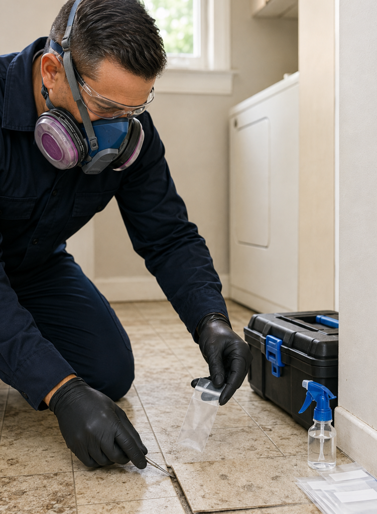 Technician performing mold testing in a home in Rogers, AR.