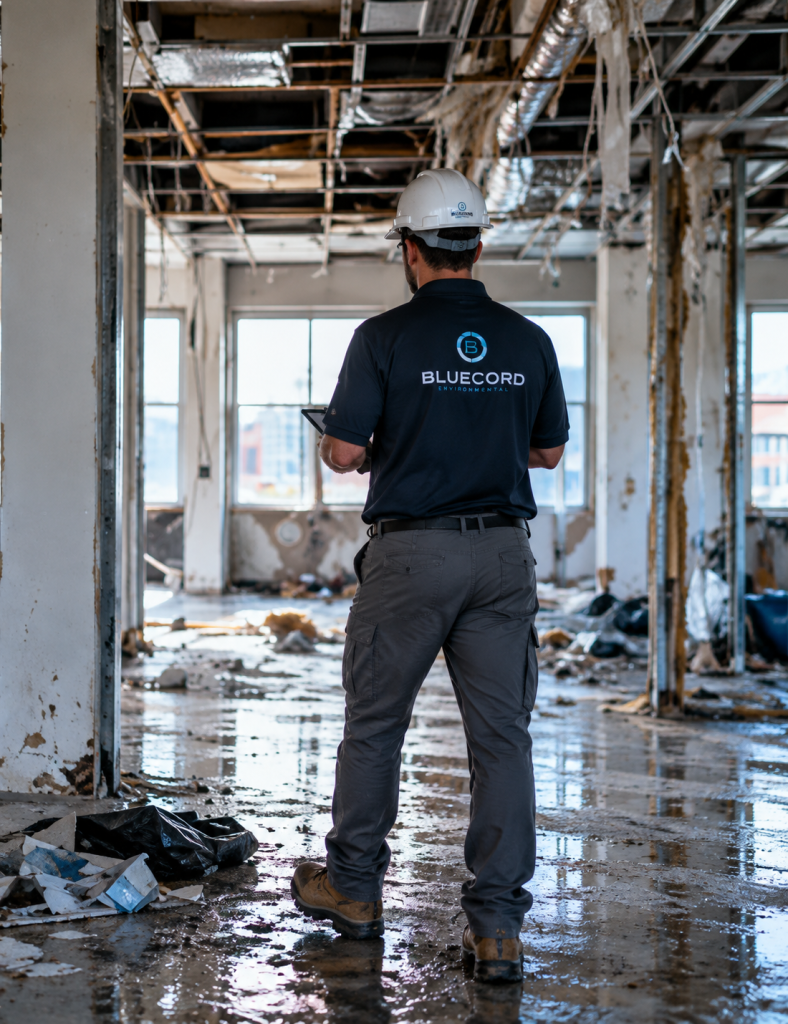 Professional inspecting a water-damaged building in Rogers, AR.