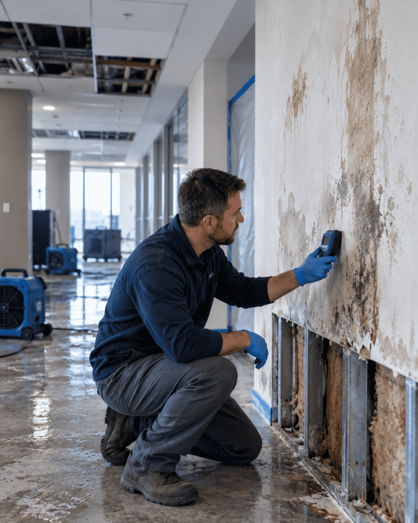 Technician inspecting wall for mold damage in Rogers, AR.