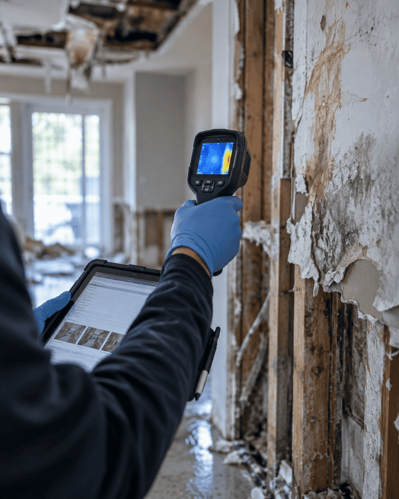 Technician using thermal camera for mold inspection in damaged home.