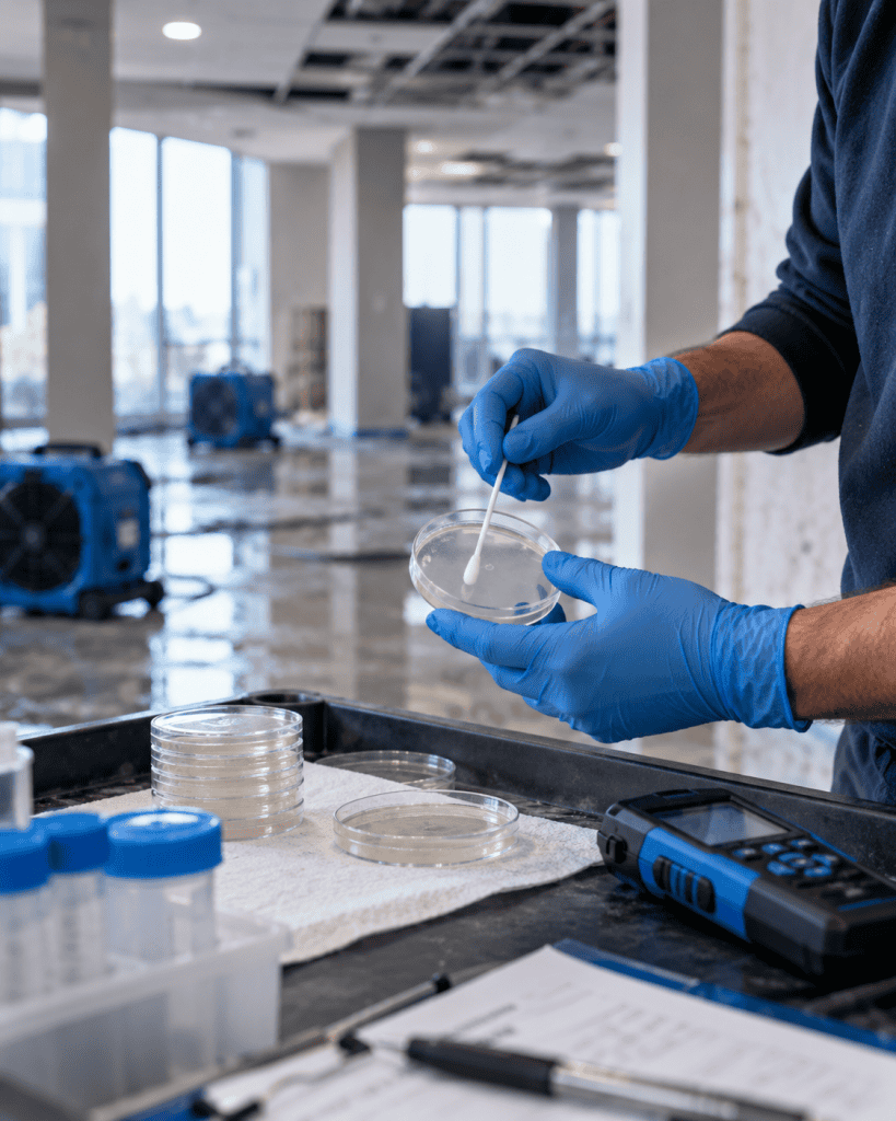 Technician conducting mold testing in a commercial space.