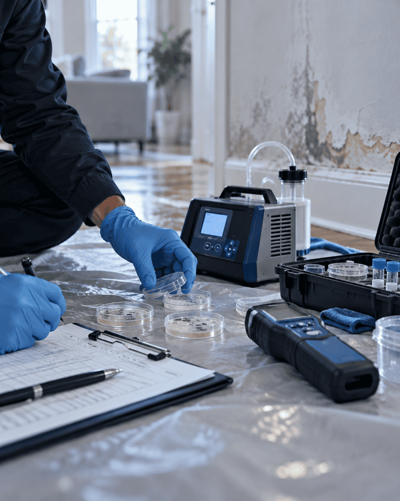 Professional conducting mold testing in a residential space.
