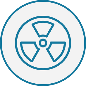 Radiation warning symbol in blue circle design.